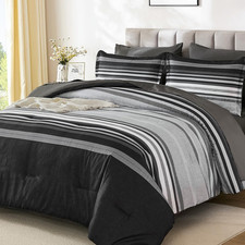 Grey Comforter Set King Size 7 Piece, Boho Striped Bed in a Bag King Soft Microf