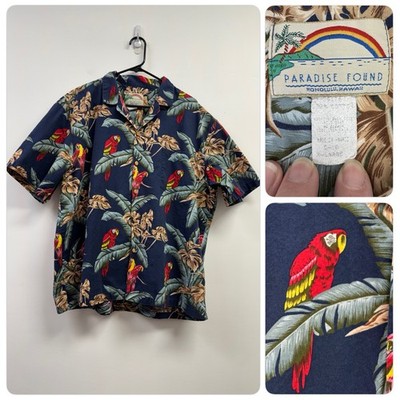 Vintage Paradise Found Blue Magnum Red Parrot Hawaiian Shirt XL Cotton Button Up