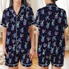 Lindo conjunto de pijama de manga corta de satén Stitch And Angel In The Galaxy Lilo & Stitch