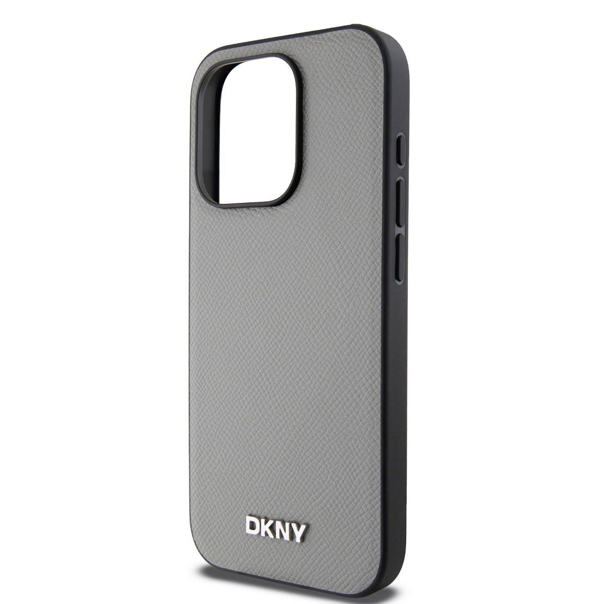 Coque iPhone 15 Pro Max DKNY gris avec logo en métal argenté