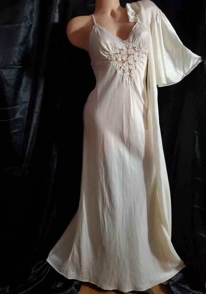 Conjunto de bata camisón largo blanco marfil ORA FEDER SATINADO PEIGNOIR barrido de piso PEQUEÑO Foto 3 de 4