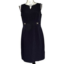 Tahari Arthur S Levine Navy Blue Keyhole Sheath Dress Gold Hardware Petite 8P