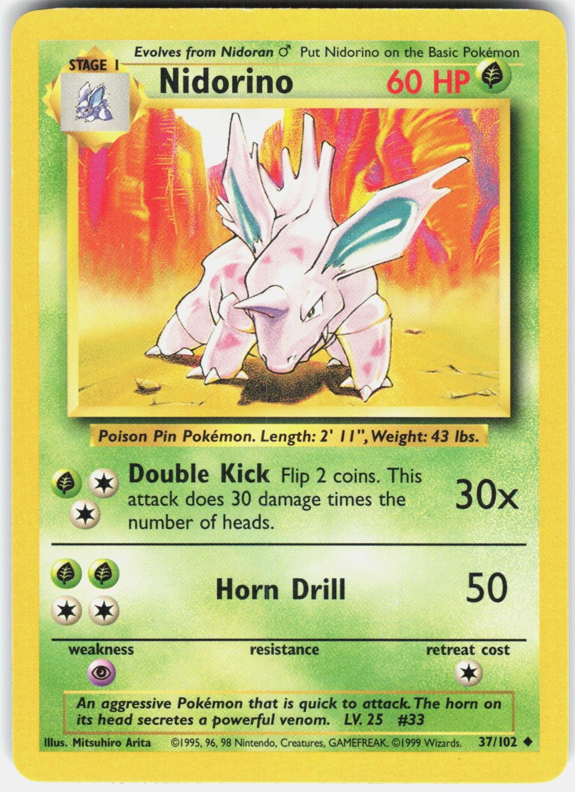 Nidorino 37/102 Uncommon Base Set Unlimited Pokemon MP