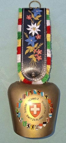 Vintage Schweizer Alpen Kuhglocke Schweiz bestickt Fransen Lederband