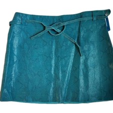 Express Vintage Y2K Real Leather Turquoise Snake Print Wrap Mini Skirt 7/8