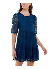 SPEECHLESS Womens Fit + Flare Short Dress Teal Elbow Sleeve Crochet Juniors M