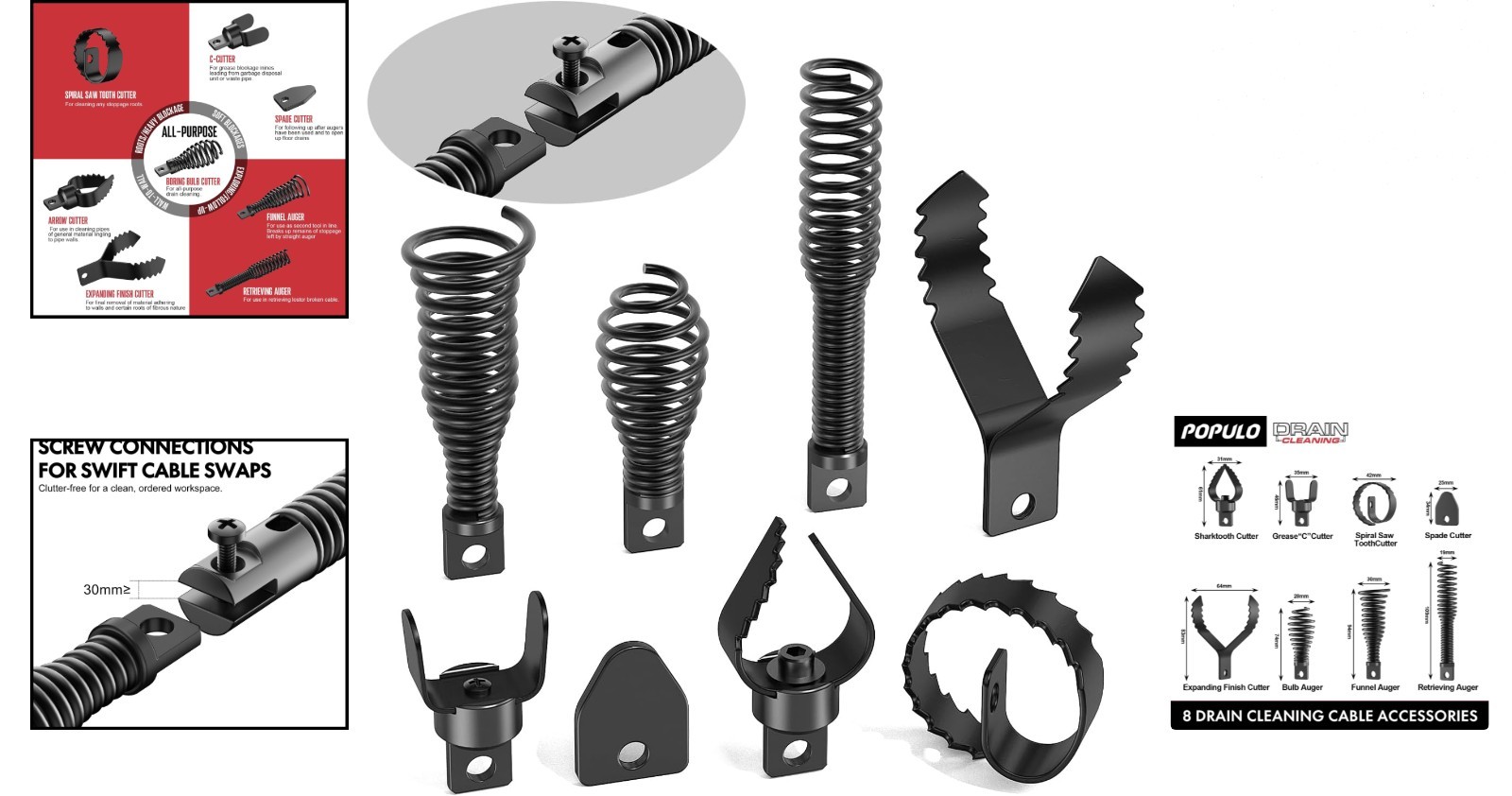 8-Piece Drain Cleaning Tool Set for 50FT-100FT Systems - Built to Last