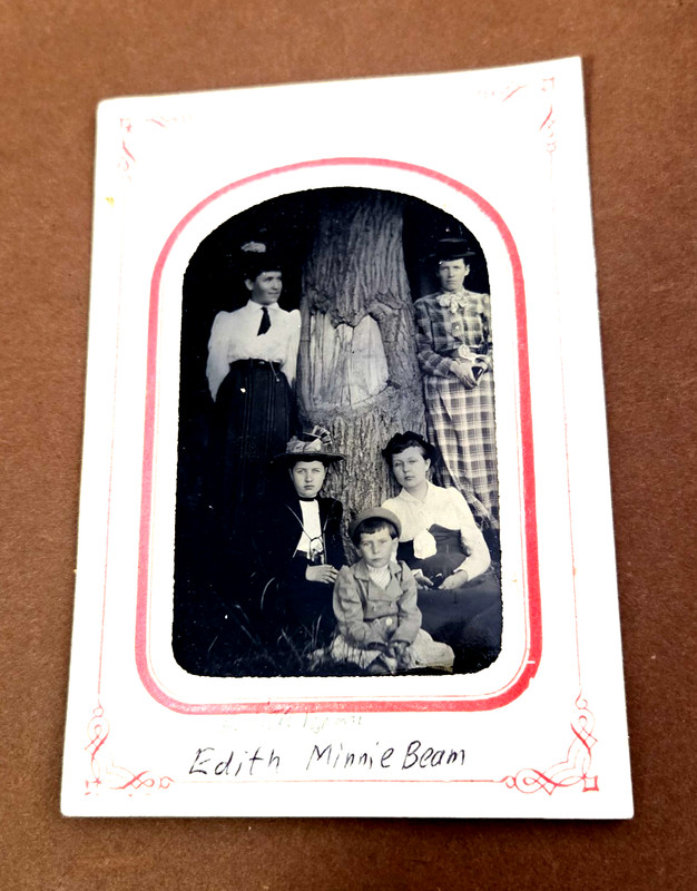 Hemlock N.Y. tintype of 4 ladies and little Edith Minnie Beam and a Hemlock tree