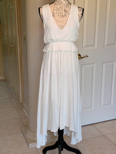 Central Park West White High-Low Midi Dress Ruffle V-Neck NWT Size S