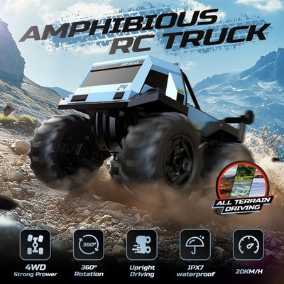 DEERC Amphibious RC Car Waterproof 4WD Stunt Truck with Blocks 60 Min Play