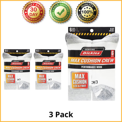 ( 3 Pack) Genuine Dickies Men's Max Cushion Crew Sock, 6 Pack White Size 6-12