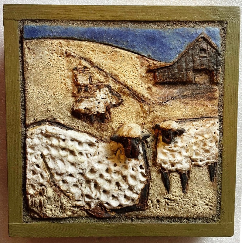 Vintage Handmade Ceramic Sheep Wall Art Rustic Farmhouse Folk Art Relief Plaque