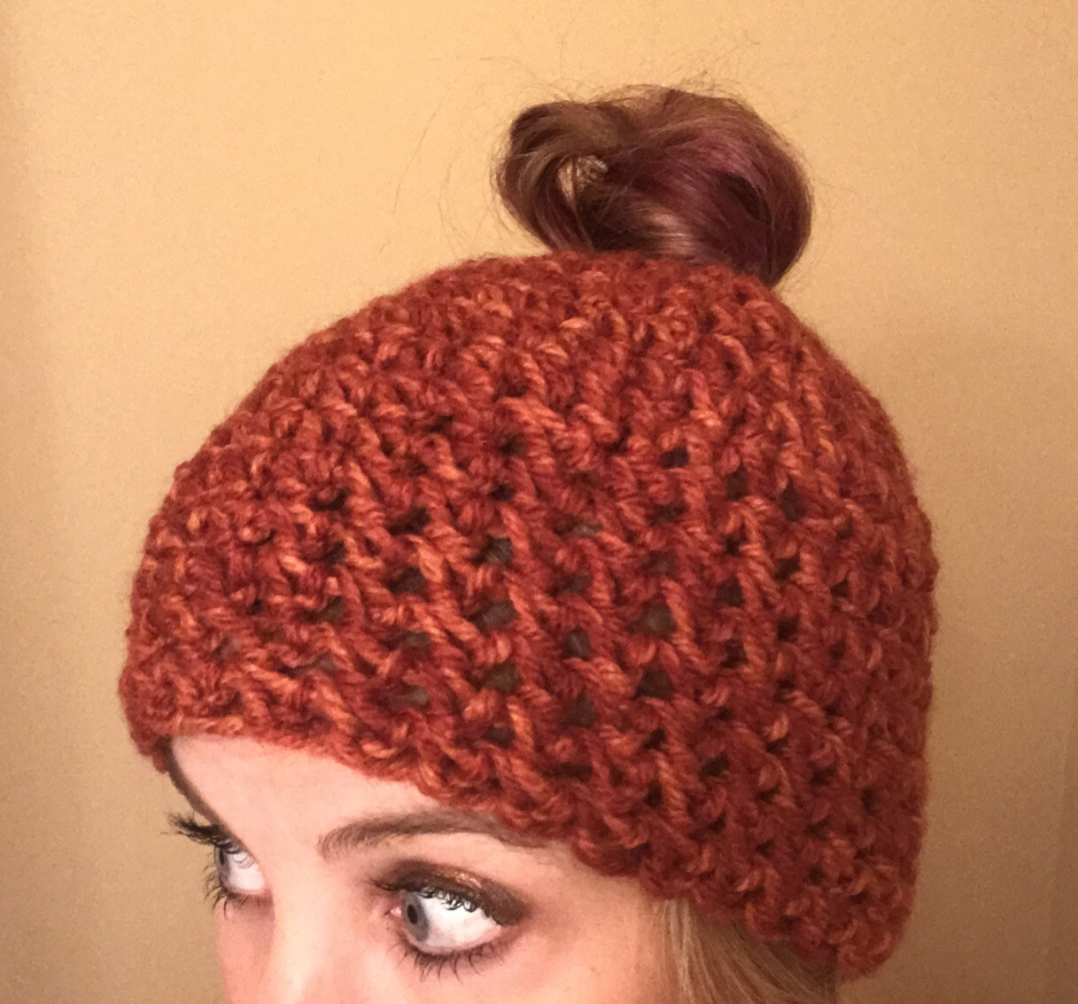 Messy Bun Pony Tail Crocheted Beanie Hat Handmade Adult size FUN! Multi Warm