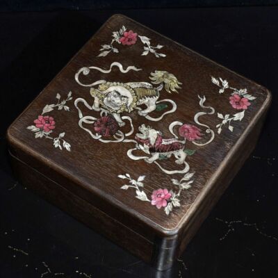 Lion Shell Inlay Chinese Natural Rosewood Inlay Shells Handmade Lion Square box 1370 | eBay
