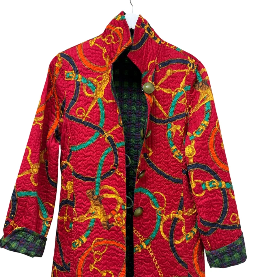 Chaqueta acolchada reversible mediana roja eslabones azul verde a cuadros preppy artística para mujer Foto 4 de 4