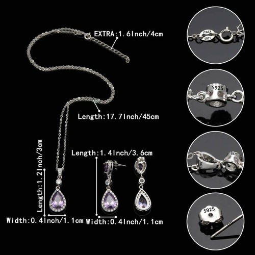 White gold finish purple amethyst created diamond pear cut earring and necklace - Picture 4 of 4
