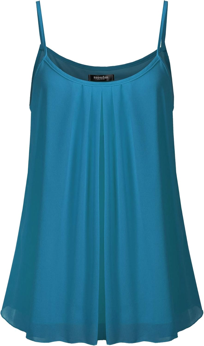 SSOULM Women's Sleeveless Pleated Chiffon Cami Top - Layered Tank Blouse, Plus Size Available