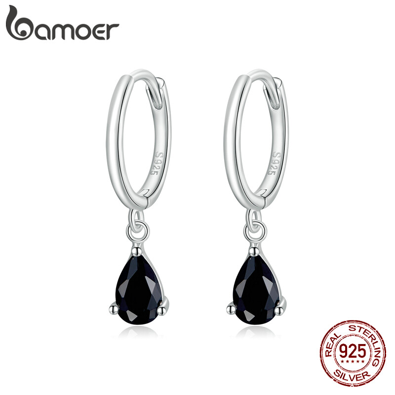 BAMOER S925 Sterling Silver Black CZ Waterdrop Huggie Earrings for Women