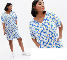Brand New Vibrant Sky Blue & Yellow DAISY Print Pocket V Tunic Dress Size 18-20