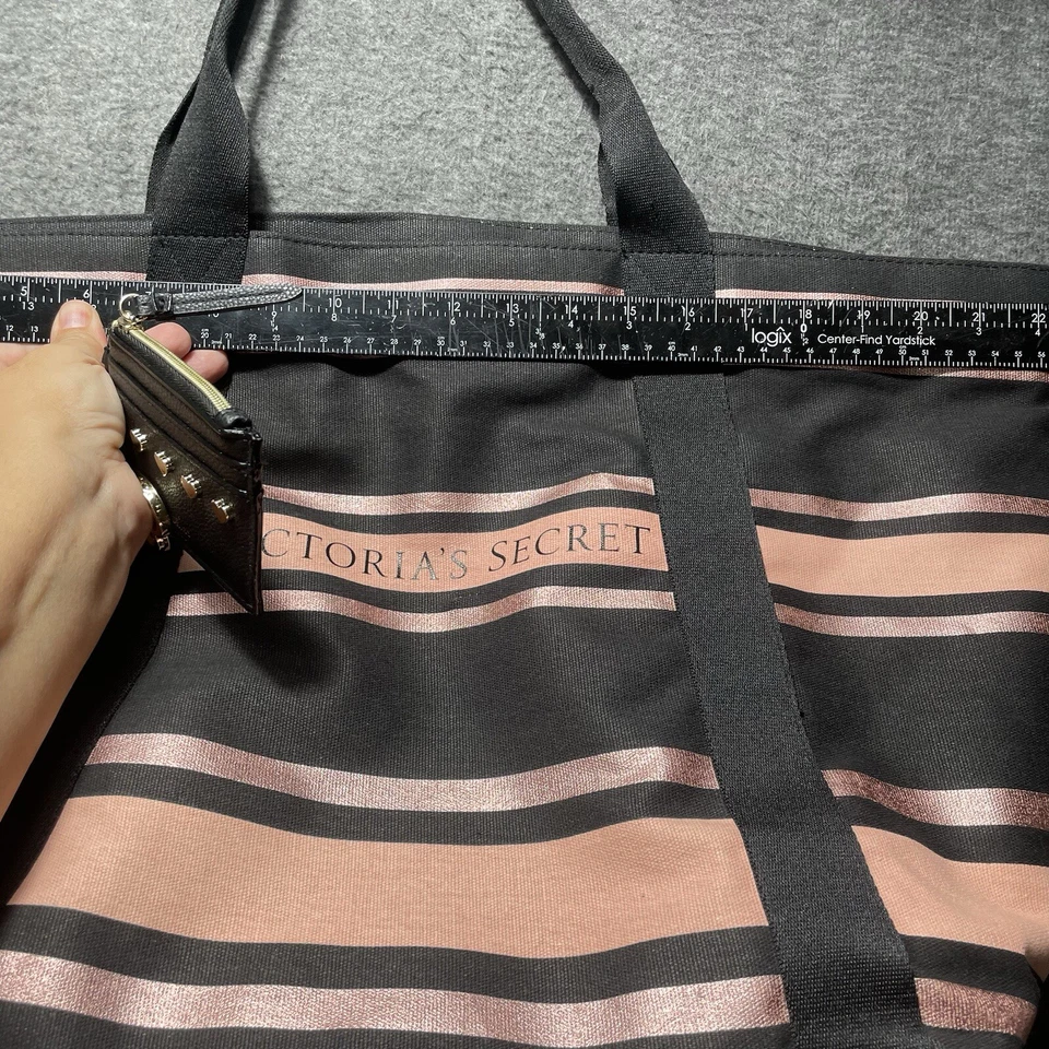2 pc Victorias Secret Pink Black Stripe Love Zip Weekender Travel Tote Keychain - Image 4 of 4
