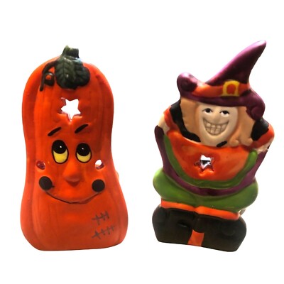 Pair Halloween Pumpkin & Witch Tealight Candle Holders Spooky Decor