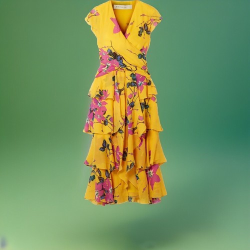 ETRO TRENDING Bohemian Blumen Rüschen Wickel Midi Kleid Gelb Volant Stufen IT40 S