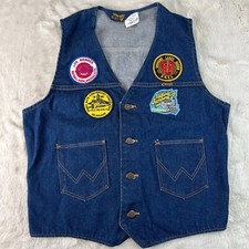 Vintage Wrangler Mens L 14oz Blue Denim Vest Allover Train Patches Made in USA
