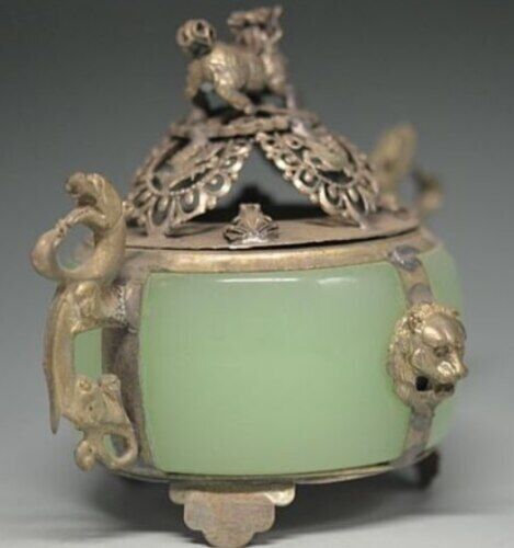 EINZIGARTIGER CHINESISCHER SILBER KUPFER EINGELEGT JADE DRACHE LÖWE RÄUCHERBRENNER - Bild 4 von 4