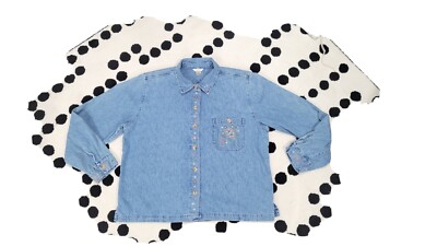 WOMENS XL CHRISTOPHER & BANKS DENIM BUTTON DOWN  TOP -JACKET EMBROIDERED TURTLE