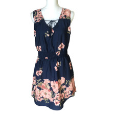 Hint of Blush Womens Juniors Summer Floral Sleeveless Dress Size L Navy Blue New