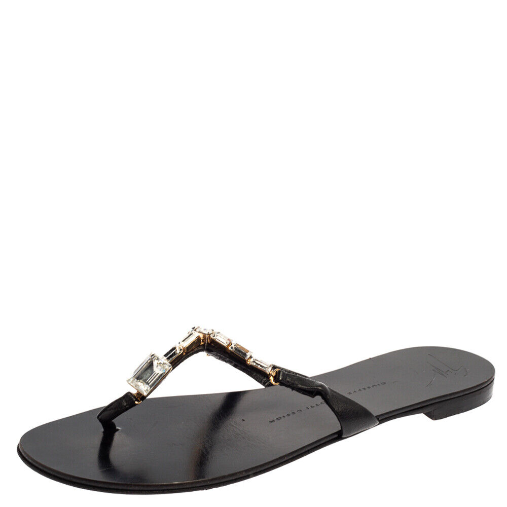 Giuseppe Zanotti Black Leather Jewel Embellished Thong Flat Giuseppe Zanotti Black Leather Jewel Embellished Thong Flat
