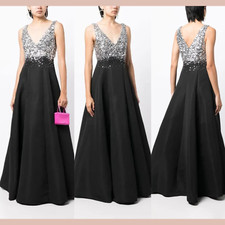 NWT 1095 Sachin Babi 2 Caterina Sequin V-neck Gown in Black Silver S1769
