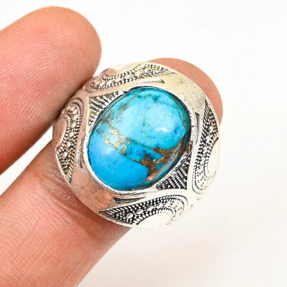 Anillo de plata de ley 925 turquesa cobre azul llamativo para hombre, todas las tallas M819 Foto 2 de 4