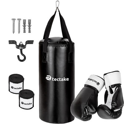 TecTake Ensemble Sac de Frappe, 2 Gants de Boxe et 2 Bandages de Protection  - Noir (402273)