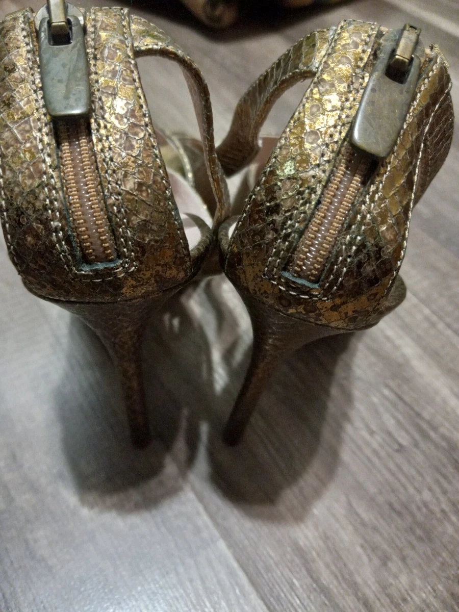 sjp sarah jessica parker gold snakeskin print heels shoes open toe Eur 38 Sz 6