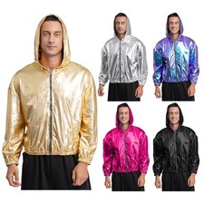 DE Herren Metallic Glanz Bomberjacke m.Kapuze RV Langarm Rave Party Clubwear