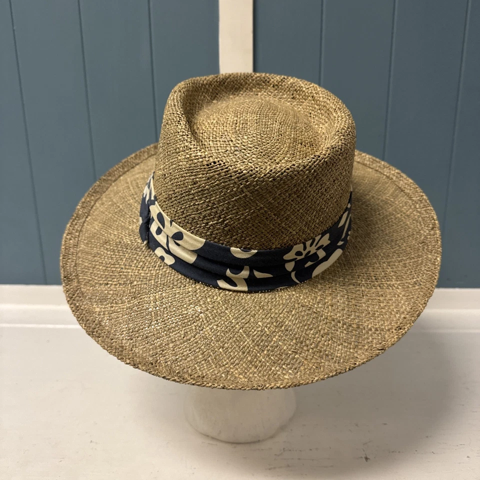 Sombrero de Paja Clásico Cambridge De Colección Con Estampado Floral Azul Hawaiano Talla M Foto 3 de 4