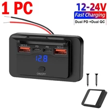 Fast USB Car Charger Socket Panel LED Voltmeter QC3.0 & PD Power Outlet 12-24V