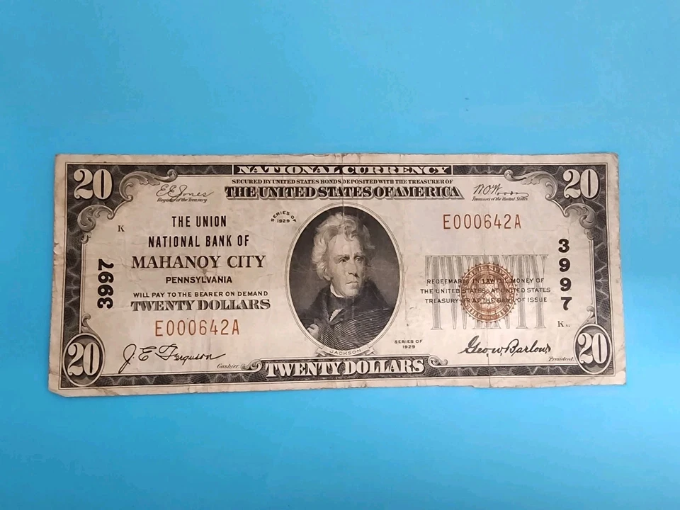 1929 $20 Union National Bank MAHANOY CITY PA National Currency  CH# 3997 - Image 2 of 3