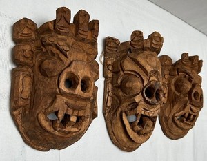 Vintage Hand Carved Wooden Mask Nepal Katmandu c. 1970s Tribal/Folk Art Set Of 3
