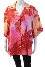 CinCin Womens Collared Linen Tunic Button-Up Red Graphic Short Sleeve Size M