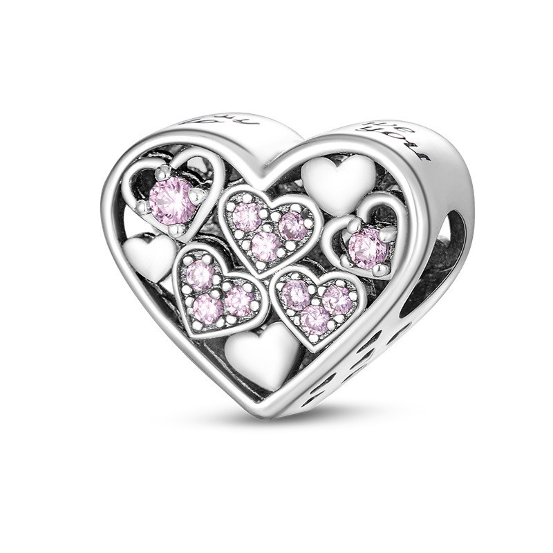 KUNSIR 925 Sterling Silver DIY Charm For Bracelet Pink Heart Zircon Bead Charm