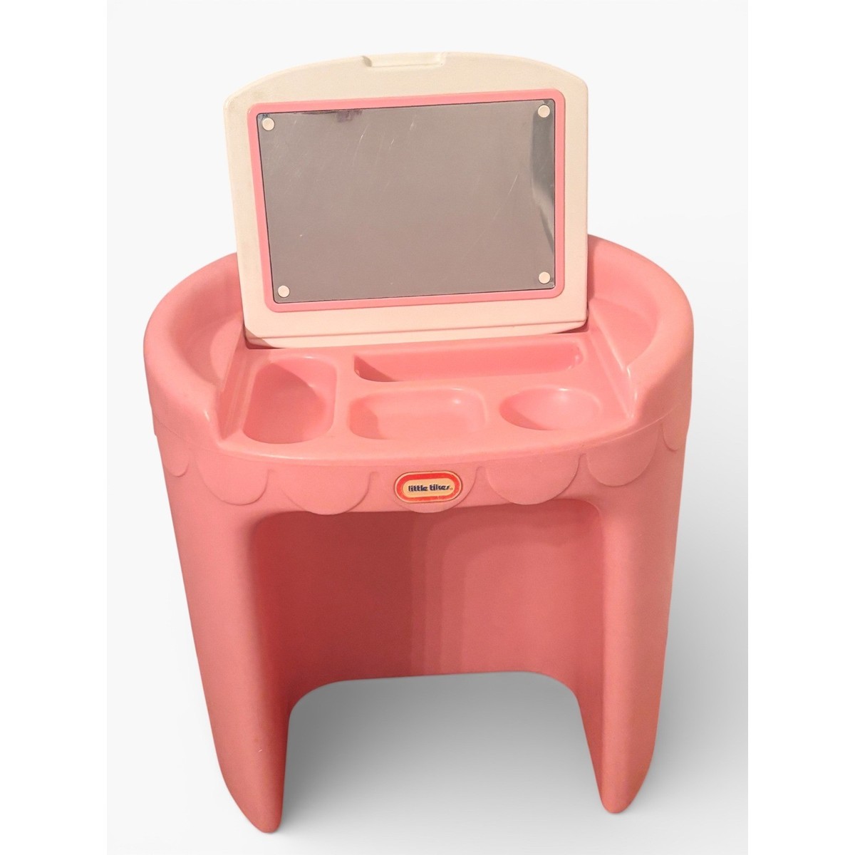 pink vintage dressing table Vintage French Carved Vanity & Mirror in Soft Pink Finish