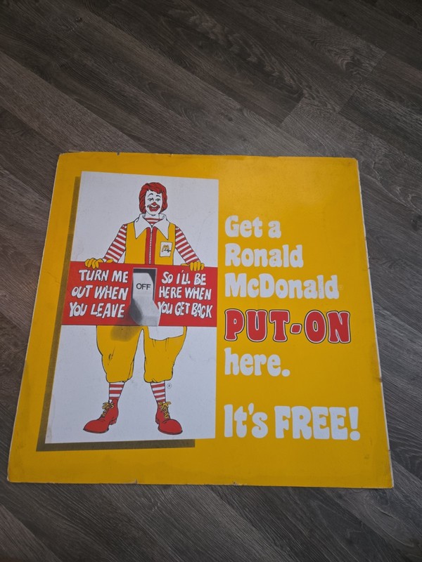 Very RARE McDonald's Ronald McDonald "Put-On" Store Display Sign 22" x 22" Origi