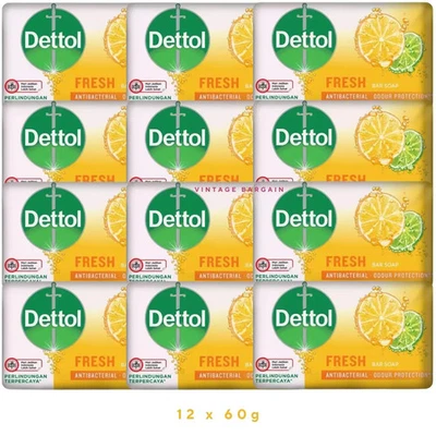12 x 60g Dettol Soap Bars CITRUS FRESH Antibacterial Odour Protection FREE POST