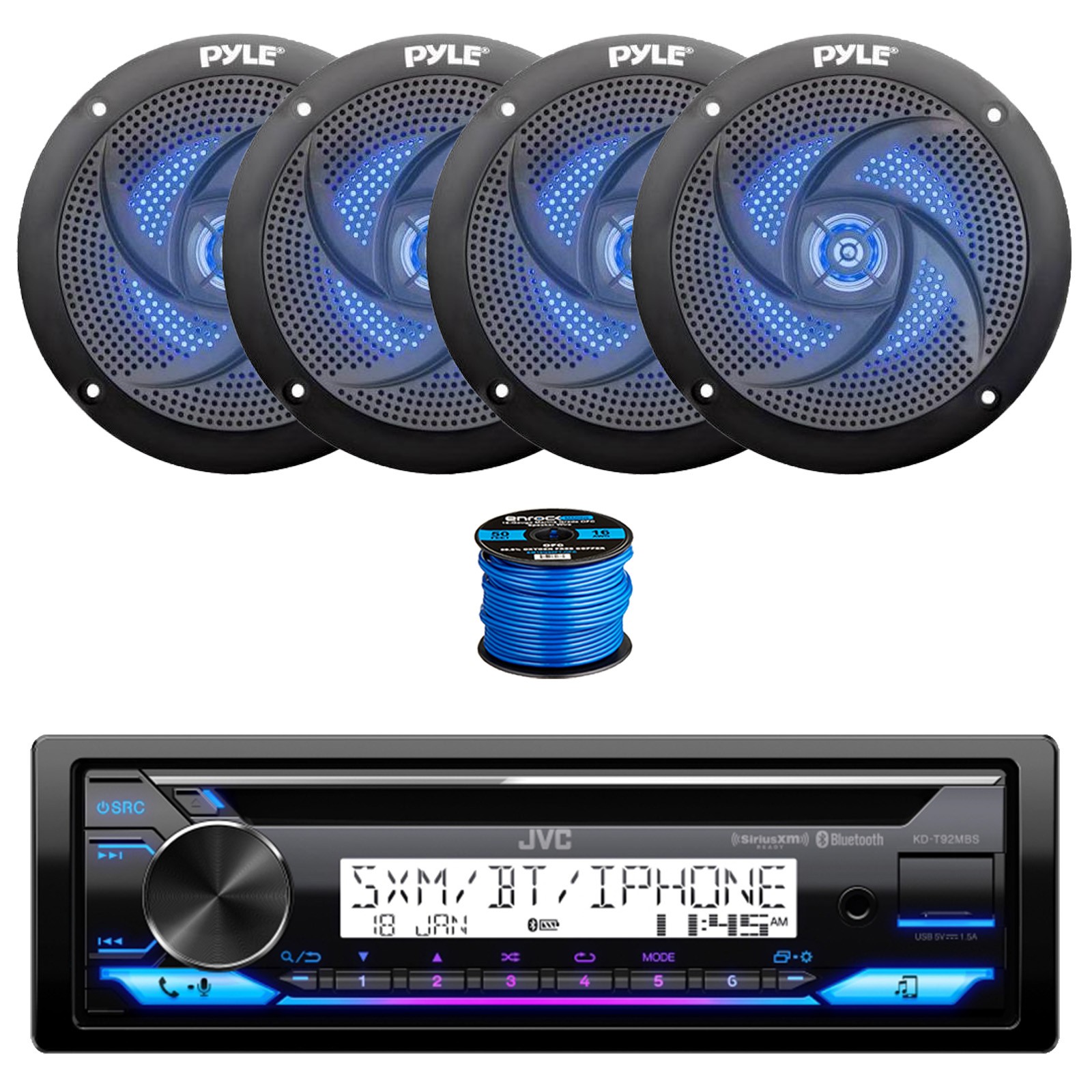 Receiver, 4x 6.5" 240w Led Speakers (black) W/ Wire