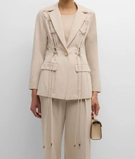 Misook Women's Beige Modern Fit Single Button Tie Detail Jacket Blazer Size L