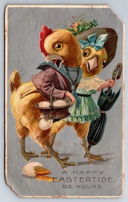 Anthropomorphic Chicks Easter Eggs Fall out of Basket- 1910 Embossed Postcard