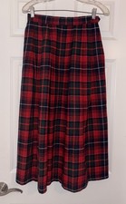 VTG Handmade Wool Tartan Red/Green Midi Skirt Pleats Lined Retro/Preppy Waist 28
