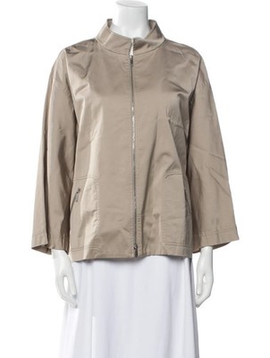 LAFAYETTE 148 Matte Satin Khaki Safari Camp Zip Jacket with Zip Pockets XL = 16